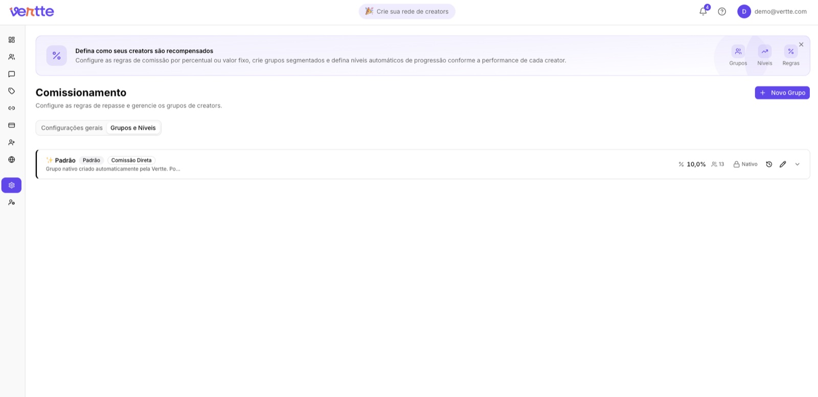 Defina como seus creators são recompensados.